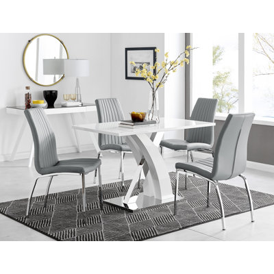 Marietta Chrome Metal and White High Gloss Dining Table Set - 4 Luxury Soft Touch Dining Chairs