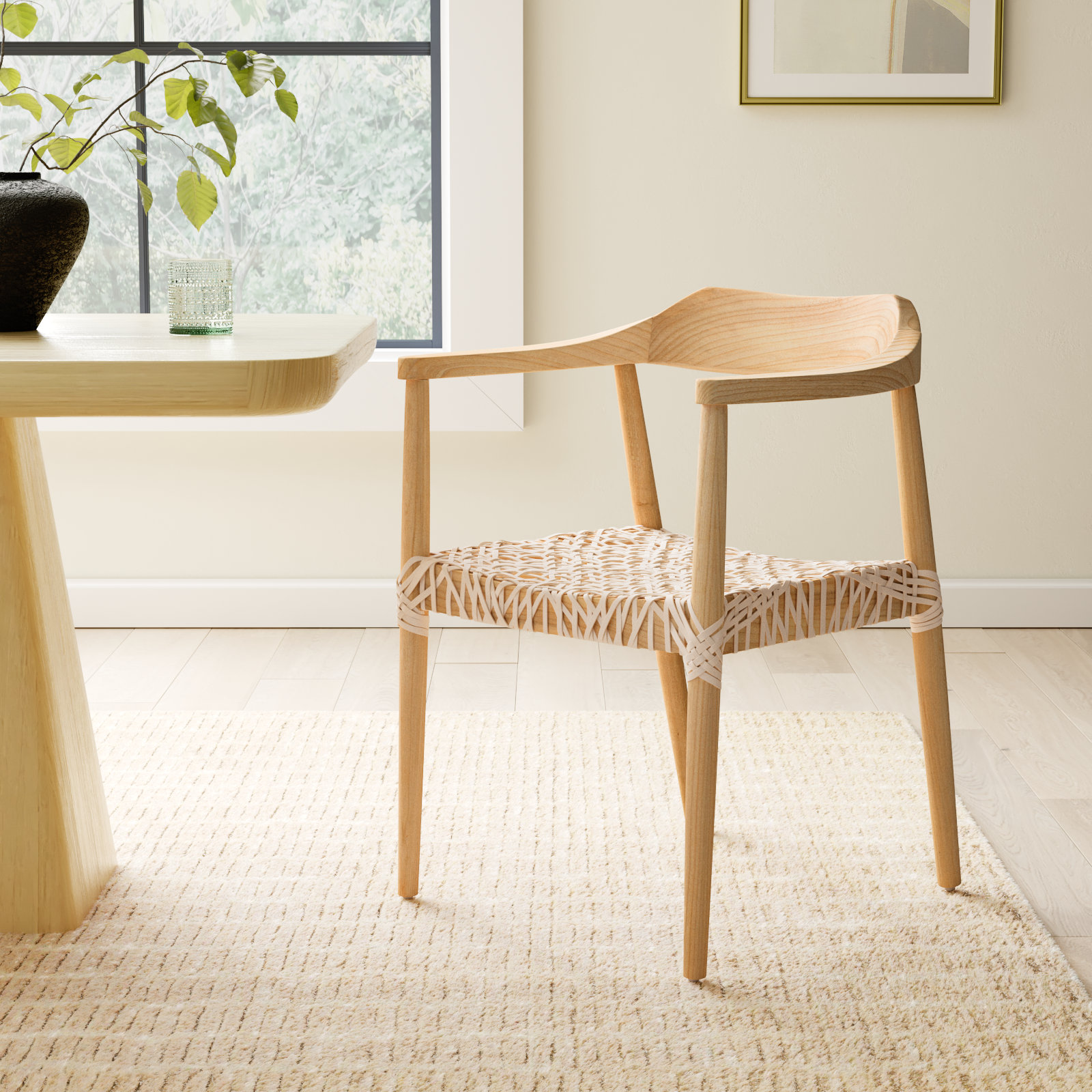 Bruna Teak Armchair, White Genuine Leather, Natural