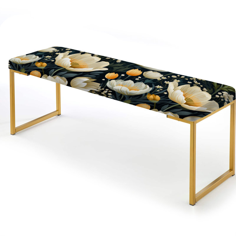 Beige et jaune tissé Ikat Blooms - Banc rembourré floral doré