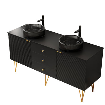 Armoire autoportante en contreplaqué noir de 60 po, 3 tiroirs et 2 portes, plateau en pierre frittée, convient aux différents besoins de rangement de l'armoire de salle de bain avec du contreplaqué multicouche, pour un rangement propre et efficace