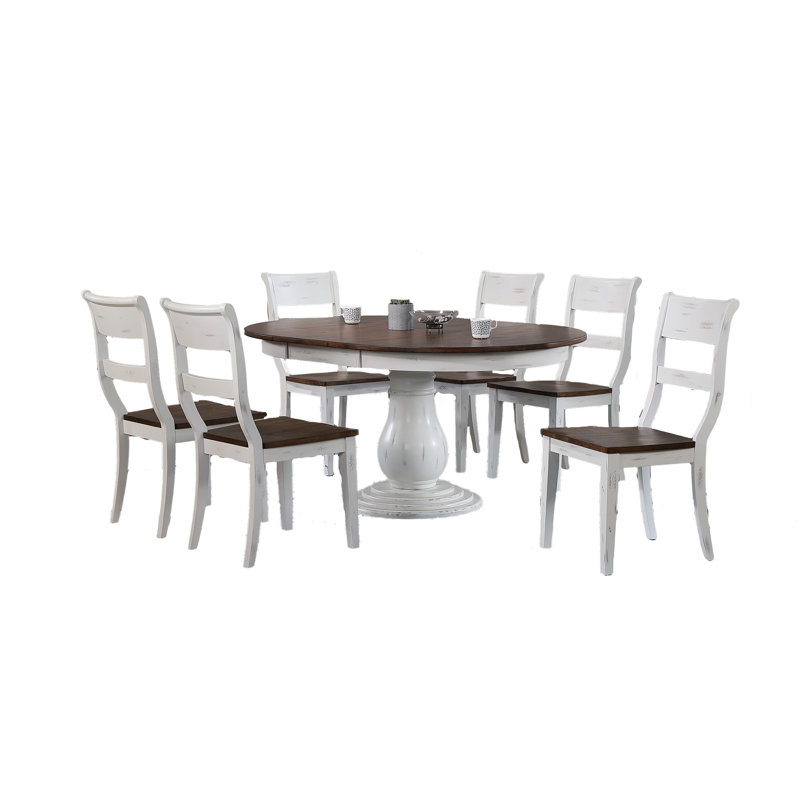  Round Extendable Solid Wood Pedestal Dining Set in White and Brown With 18" Takeout Leaf Seats 6