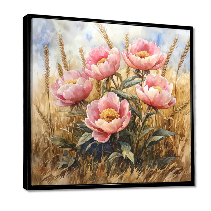 Pivoines dans le champ de blé I - pivoines, art mural, Impression encadrée flottante, Noir, H 16 po x l 16 po