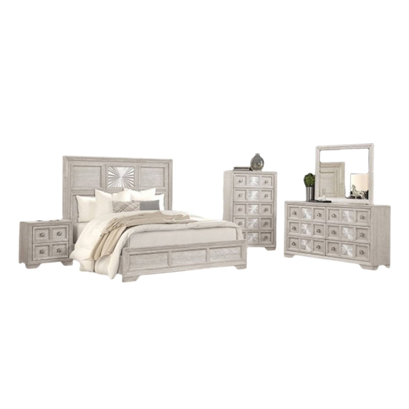 Diaz 5Pc Queen Size Bedroom Set With Chest In Sunburst Light Grey