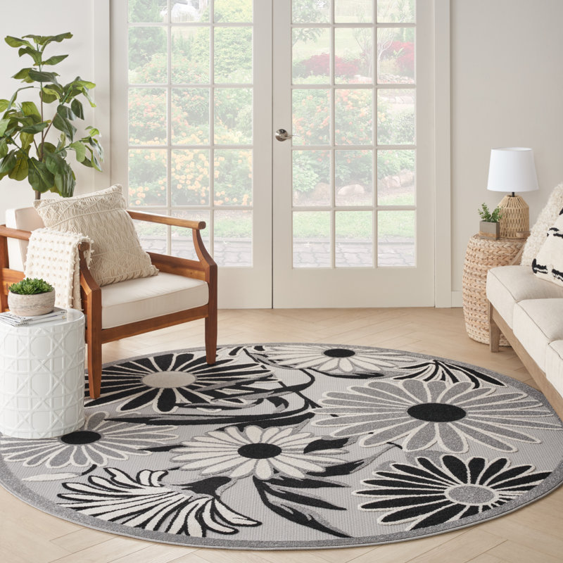 Tapis intérieur / extérieur noir / gris / blanc Ameleah, Rond 7 pi 10 po