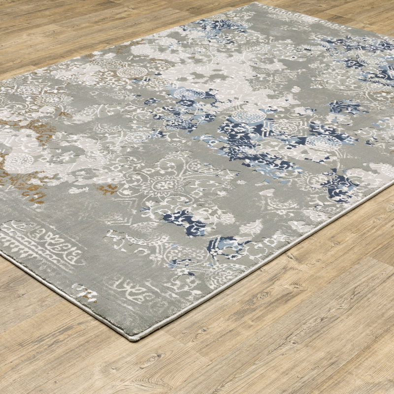 Tapis gris abstrait à motif abstrait tissé à la machine 8 pi x 11 pi, Rectangle 5 pi 3 po x 7 pi 6 po