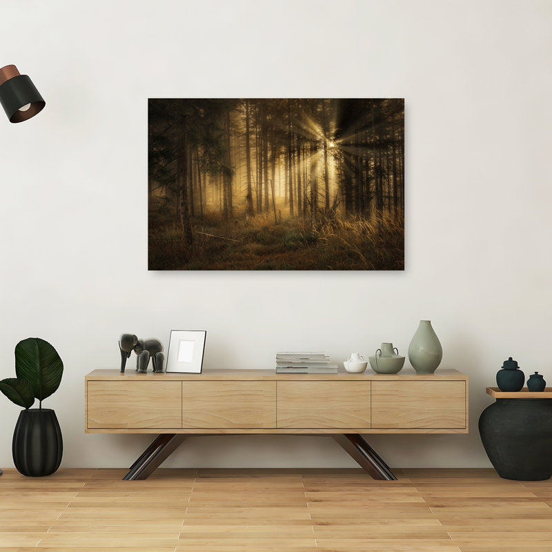 Forêt brumeuse et ensoleillée - Affiche murale onirique et mystique d'automne, 40" H x 60" W