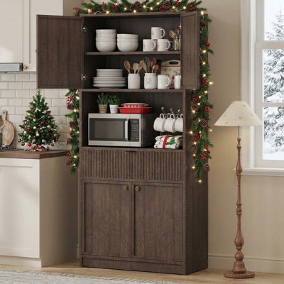 Tall Storage Cabinet, 70" Kitchen Pantry Cabinet with Doors, Fluted Kitchen Hutch Cupboard with Microwave Shelf & Drawer, Freestanding Cupboard for Dining Room, Living Room