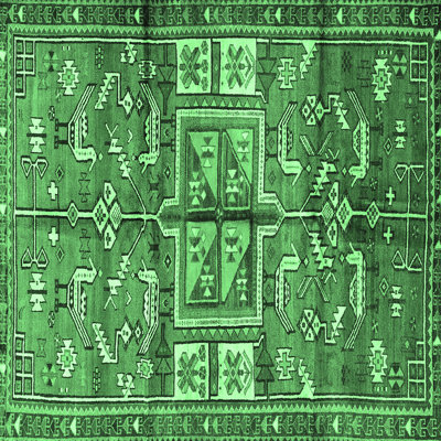 Tapis en laine / polyester tissé à la machine Southwestern en vert / ivoire / noir