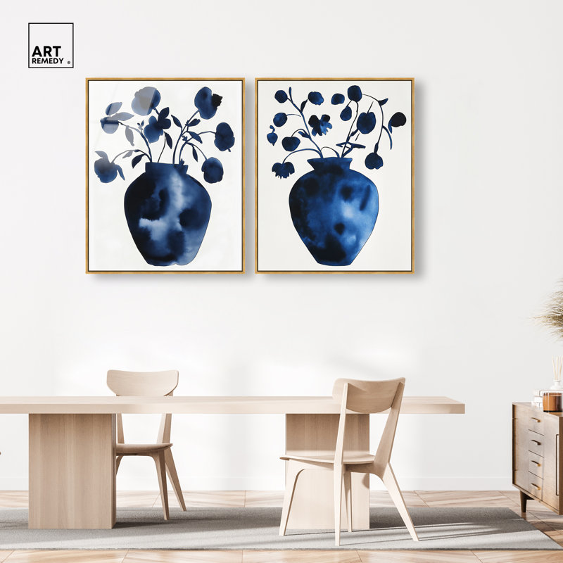 «Flowing Indigos Duo», ensemble de décorations murales imprimées en acrylique encadrées par Art Remedy, cadre doré, 36 x 45