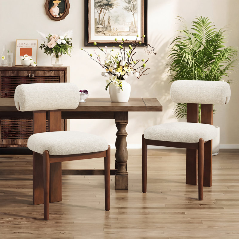 Modern Upholstered Dining Chairs with Rolled Back & Solid Wood Legs, Beige