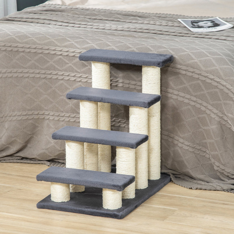 Arbre de santé pour chat en forme d'escalier, gris, 4 marches avec poteau à griffer pour chats d'intérieur et chiots
