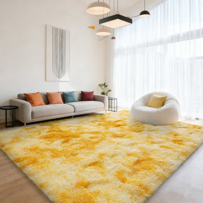 Super Soft Tie-Dyed Yellow Rug 8x10 ft, Oversized Living Room Rug, Thick Pile Rug, Fluffy Tufted Room Rug For Room Bedroom Large Cozy Fuzzy Rug Room Home Decor Aesthetic Soft Non Slip Rug Decor Aesthetic, Christmas Decor, Halloween Decor