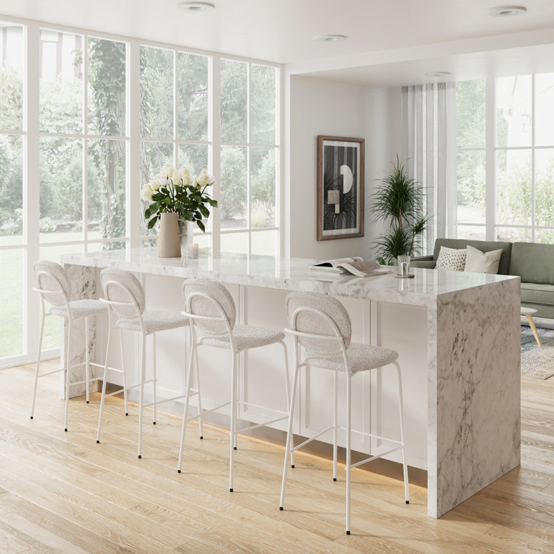 Alec Boucle Bar & Counter Stool, White, Bar Stool (29.50” Seat Height)