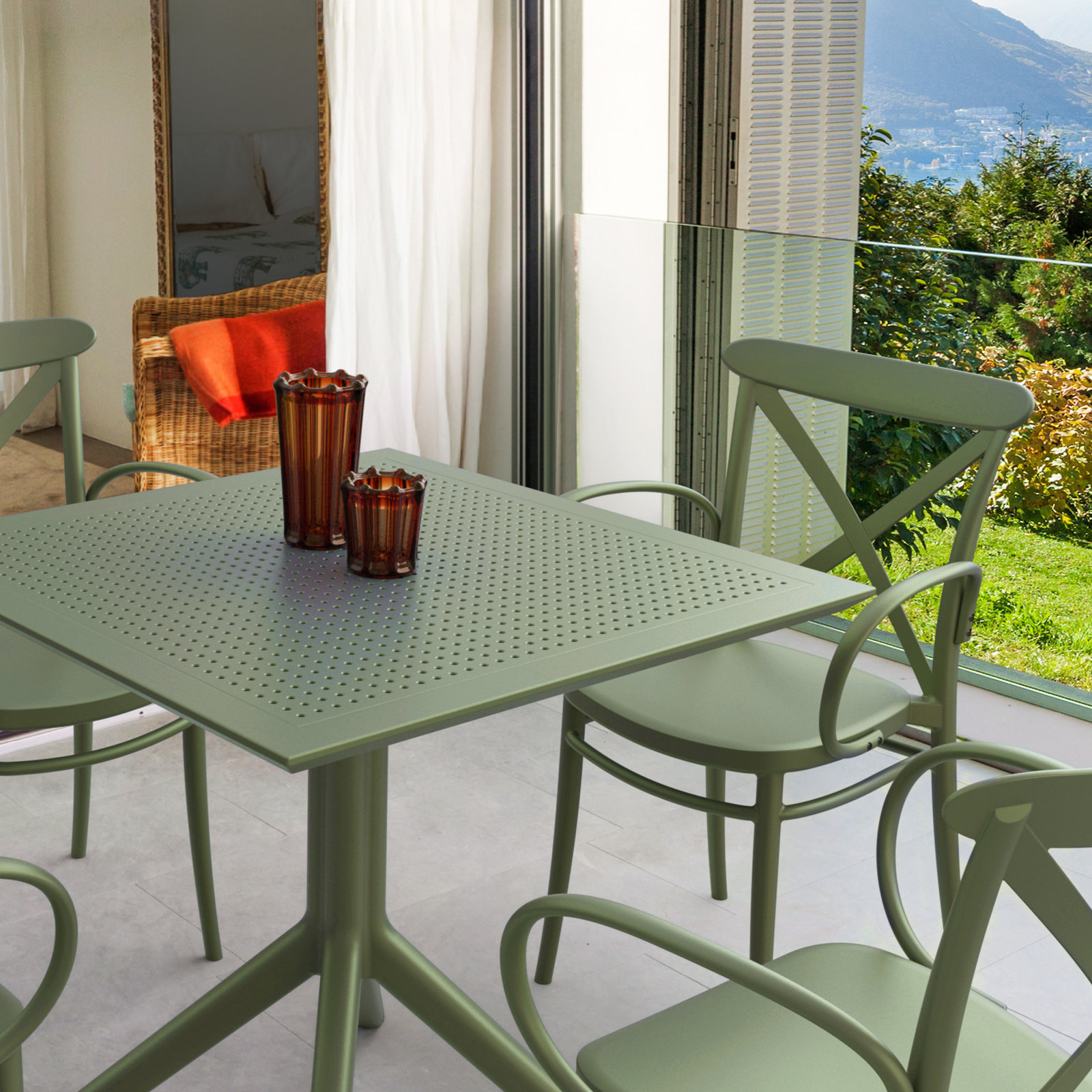 Cordelia 4-Person Plastic Patio Dining Set with Stackable Chairs, Olive Green