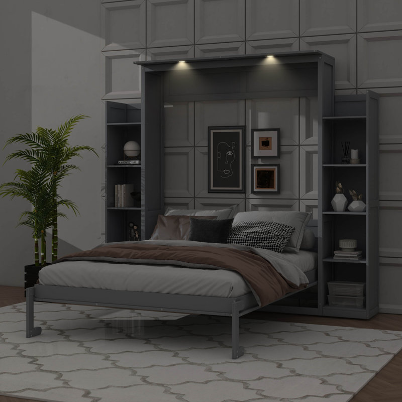 Grand lit escamotable mural avec tablettes et éclairage DEL intégré, Gray