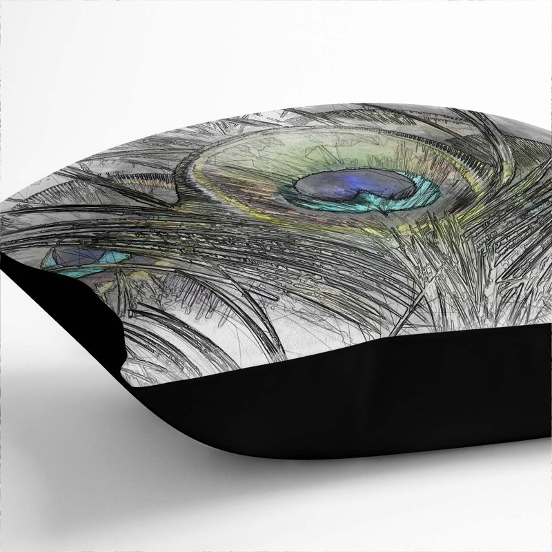 Peacock Feathers Cushion with Filling, Black, 55cm H x 55cm W x 20cm D