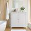 Armoire de rangement blanche à double porte, armoire de rangement autoportante moderne Mid-Century, armoire de rangement de salle de bain avec boutons argentés pour le salon, la cuisine, la salle de bain, le couloir