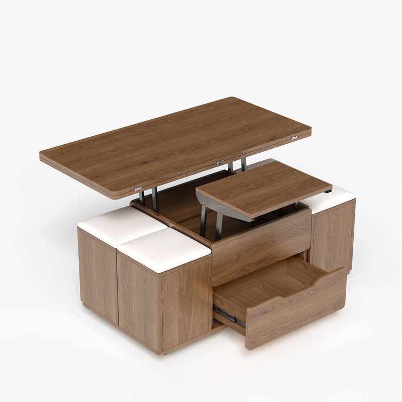 39" Lift-Top Foldable Coffee Table With 4 Stools & Storage, Brown Wood, Brown Wood