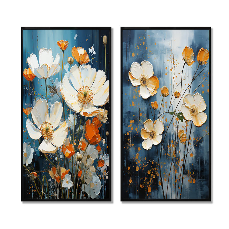 «Blue and White Buttercups Collage - Buttercups», ensemble de 2 reproductions d'art mural, Cadre flottant noir