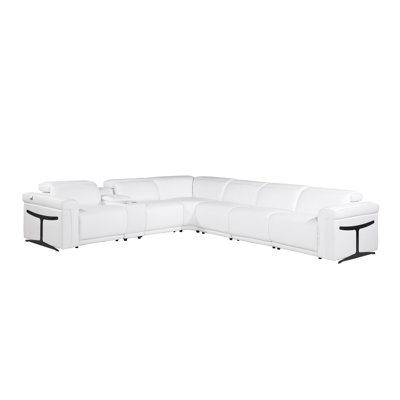 White Italian Leather Modular L Shaped Seven Piece Corner Sectional With Console