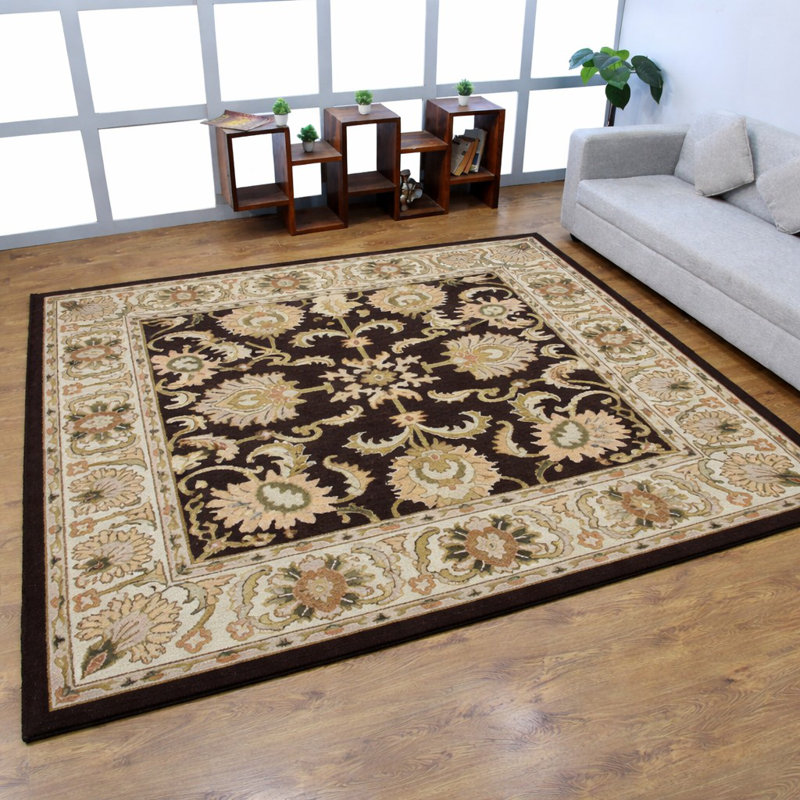 Tapis écologiques en laine touffetée à la main Beachampton - carré, couleur beige brun, design oriental, tapis antidérapants faits à la main épais pour le salon, la chambre à coucher