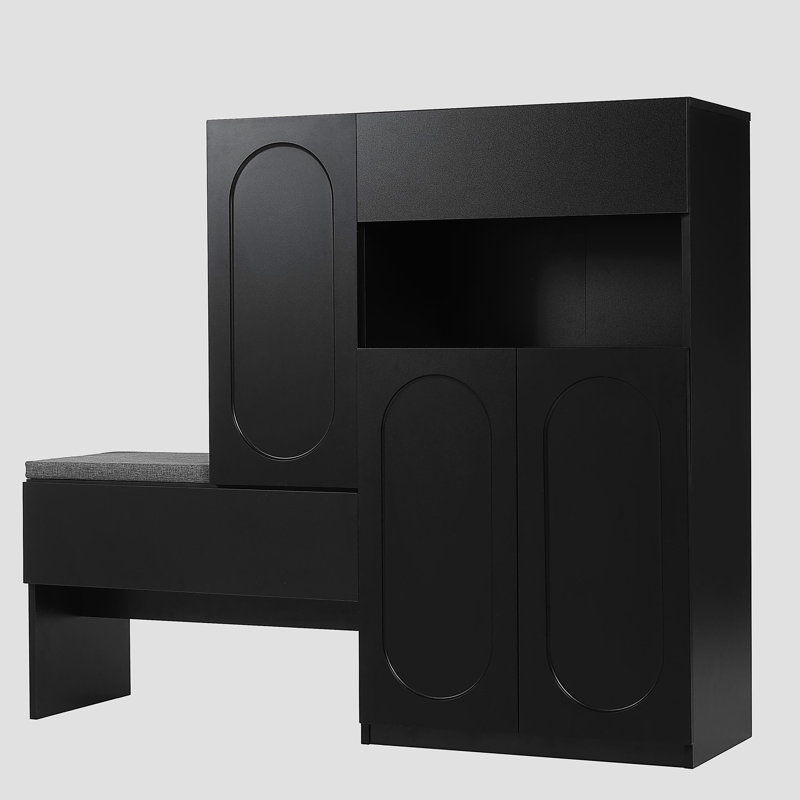 Élégant range-chaussures 2-en-1 avec coussin moelleux, banc de rangement moderne avec portes arquées et dispositifs de rebond, range-chaussures polyvalent avec tablettes réglables pour le couloir et le salon