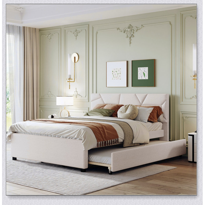 Lit plateforme tapissier avec tête de lit et lit gigogne à motif brique, alliant durabilité, style et espace de couchage supplémentaire pour les chambres à coucher modernes.