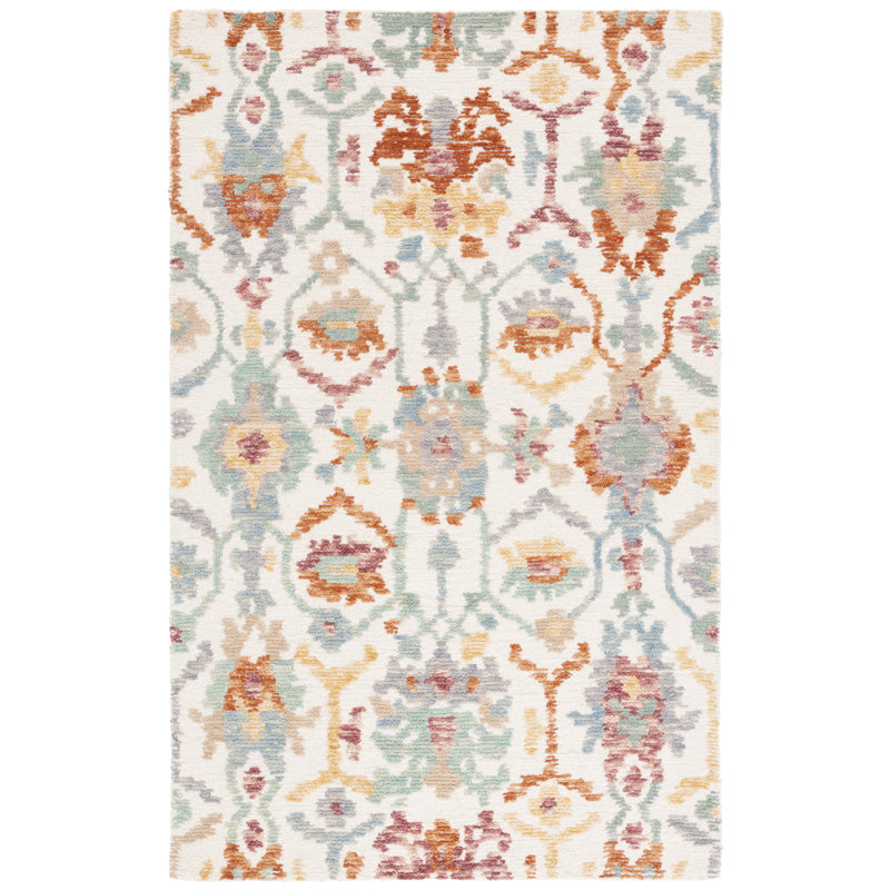 Gariguette 102 Hand Tufted Wool/Cotton Oriental Indoor Use Only Rug in Ivory/Green, Rectangle 3' x 5'
