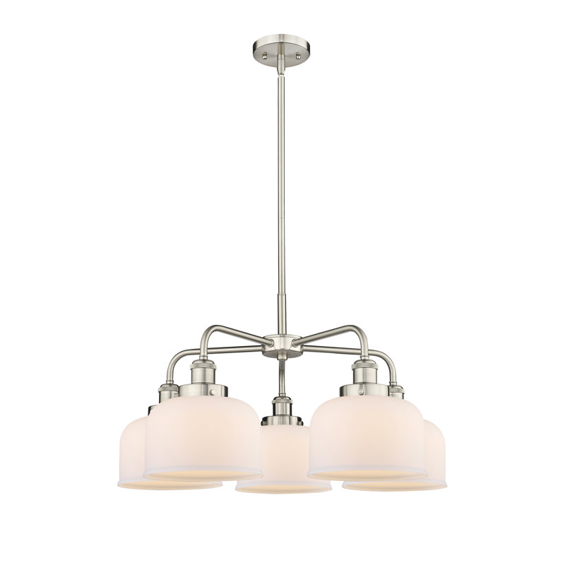Lustre en verre à 5 lumières Bell, Blanc mat, Nickel satiné