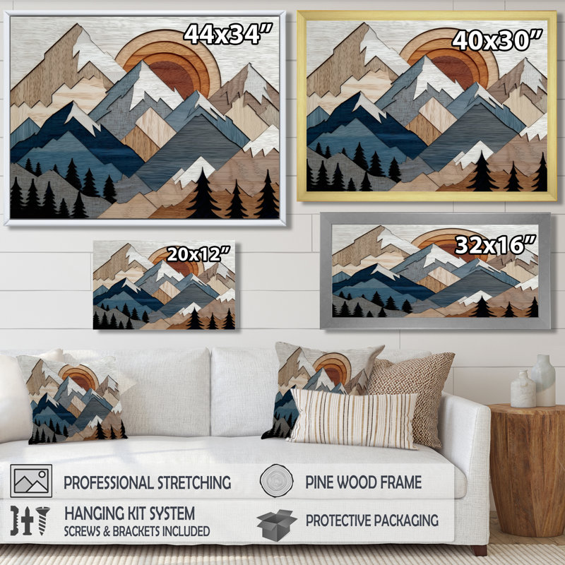 «Blue Orange Bold Mountains Landscape», impression d'art sur toile encadrée abstraite bleue, H 44 po x l 34 po, Noir