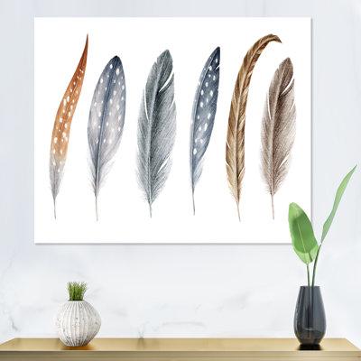 «Grey Boho Polka Dot Feathers I», peinture sur toile