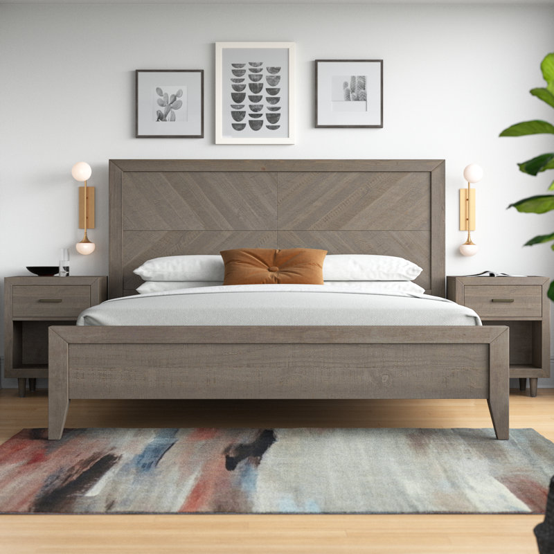 Ensemble de chambre avec lit plateforme 6 pièces Peloquin, Gris, Trois pièces: lit et deux tables de chevet, Grand
