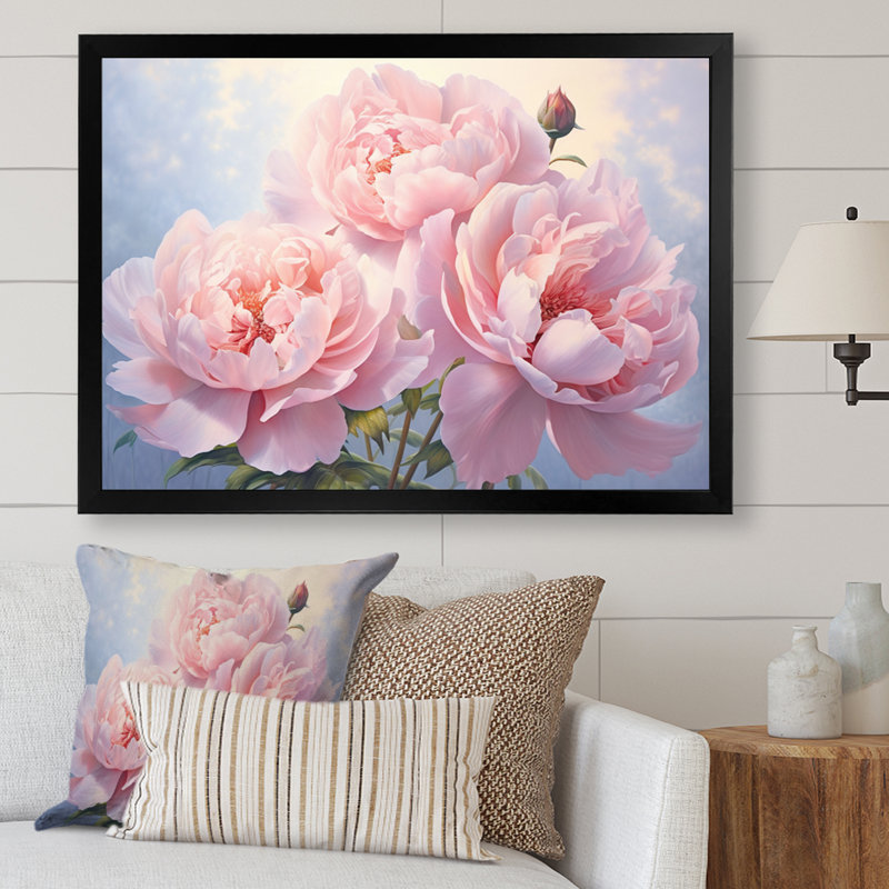 Pivoine rose II - art mural floral, Cadre simple noir, H 34 po x l 44 po x P 1,5 po