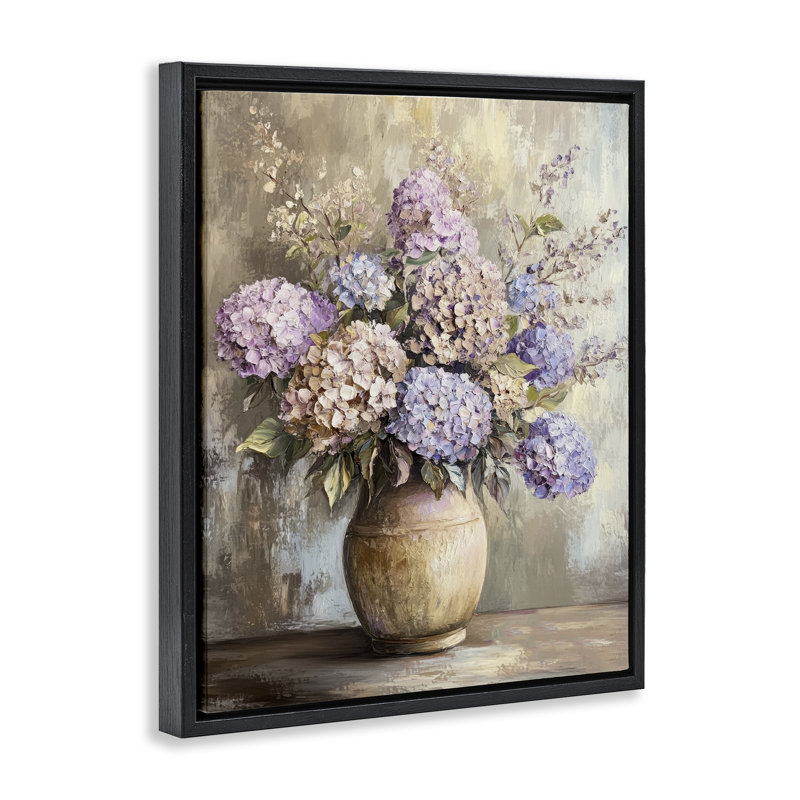  Art mural sur toile mauve à motif d'hortensias mauves par Petal Prints Design, Cadre flottant noir de jais