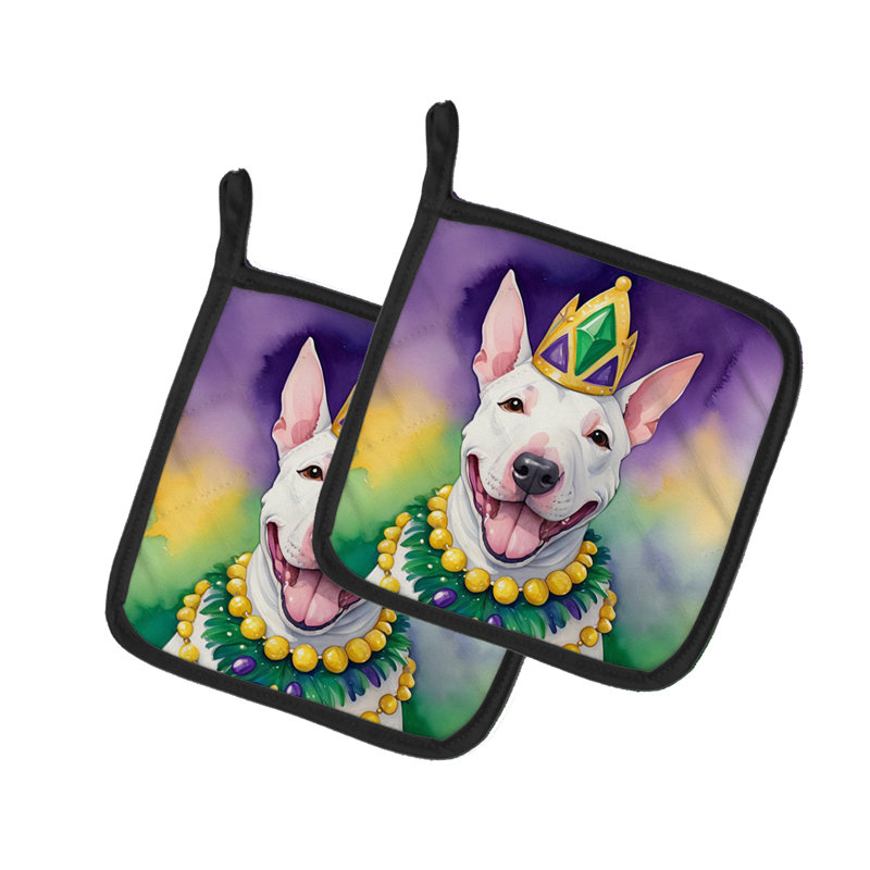 Bull Terrier anglais, paire de supports à casseroles King of Mardi Gras