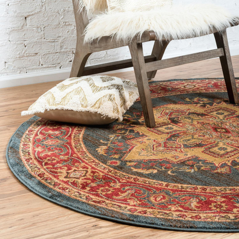 Tapis rouge / brun clair / bleu marine tissé à la machine Eesi, Rond 5 pi 3 po
