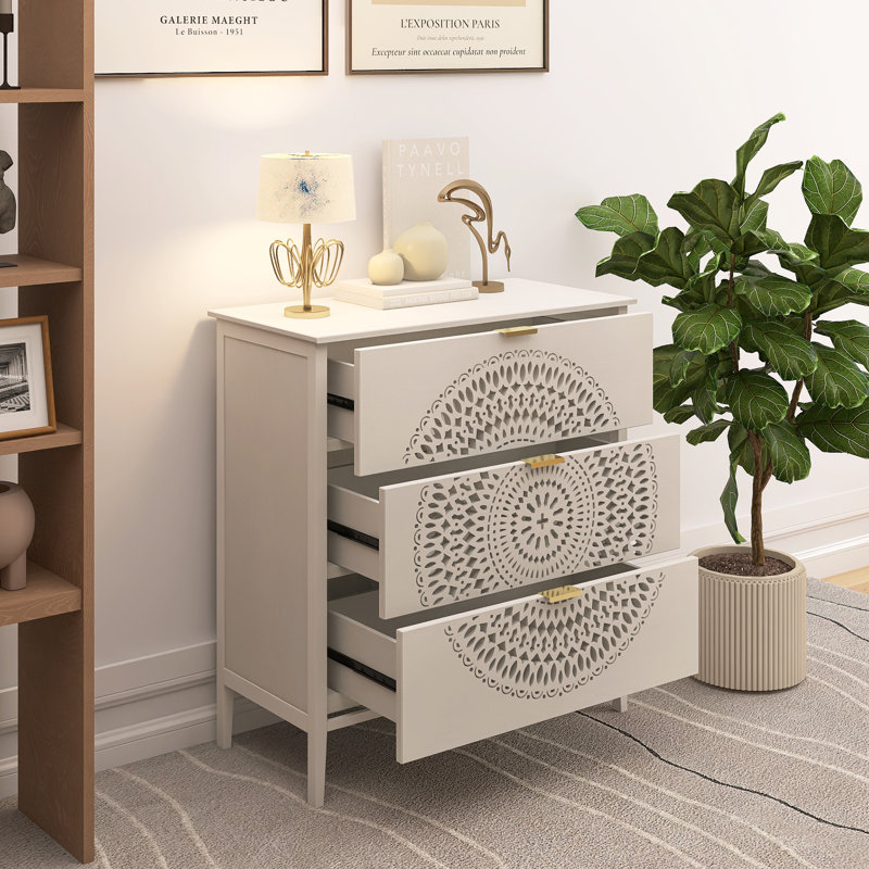 34 In. H Cabinet With 3 Drawers, Beige, Gold