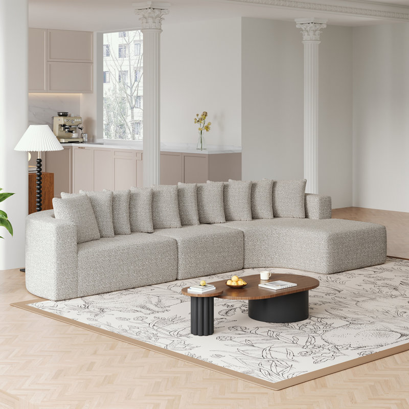 Ensemble de canapé modulaire en chenille avec 10 coussins et une méridienne droite, Chenille kaki clair, Right Hand Facing