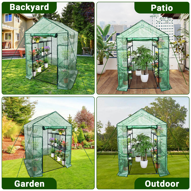 57x57x76 in Walk-In Greenhouse, Heavy Duty 3-Tier 6-Shelf Steel Frame with Roll-Up Zippered Door, for Backyard, Patio or Indoor Garden - Green