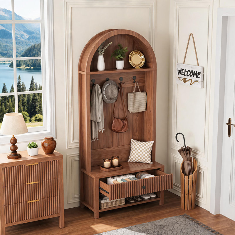 70.94-Inch Walnut-Colored Farmhouse-Style Floor Coat Rack With Hooks And Stool; Suitable For Foyer, Hallway, And Living Room.