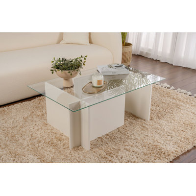 Modern Coffee Table with Tempered Glass Top, Travertine Color, 105 x 40 x 65 cm, 100% Melamine Coated Particle Board Frame, Marble Design, For Living Room & Contemporary Spaces