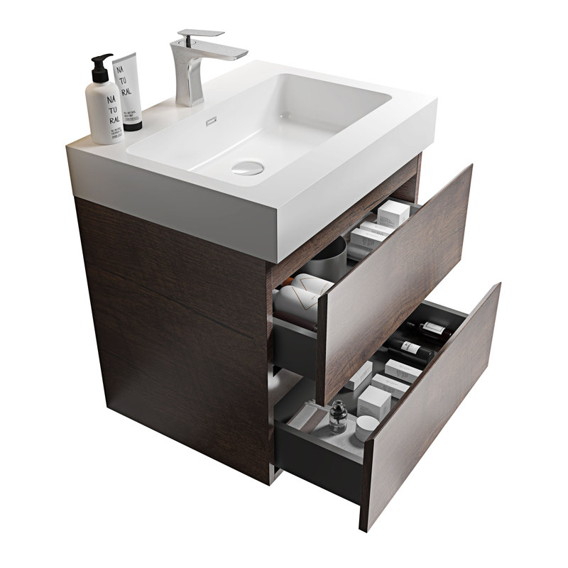 Ensemble de meuble-lavabo simple Moyle, Noyer, Blanc