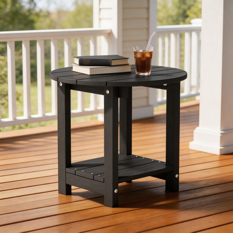 Harada 18 Inch Round Outdoor Side Table Adirondack Plastic/Resin Patio Side Table Weather Resistant End Table with Storage Shelf