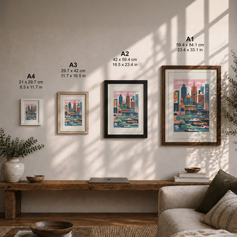 City in Layers Modern - Framed Print, Walnut, A3 - 42.0 x 29.7 cm