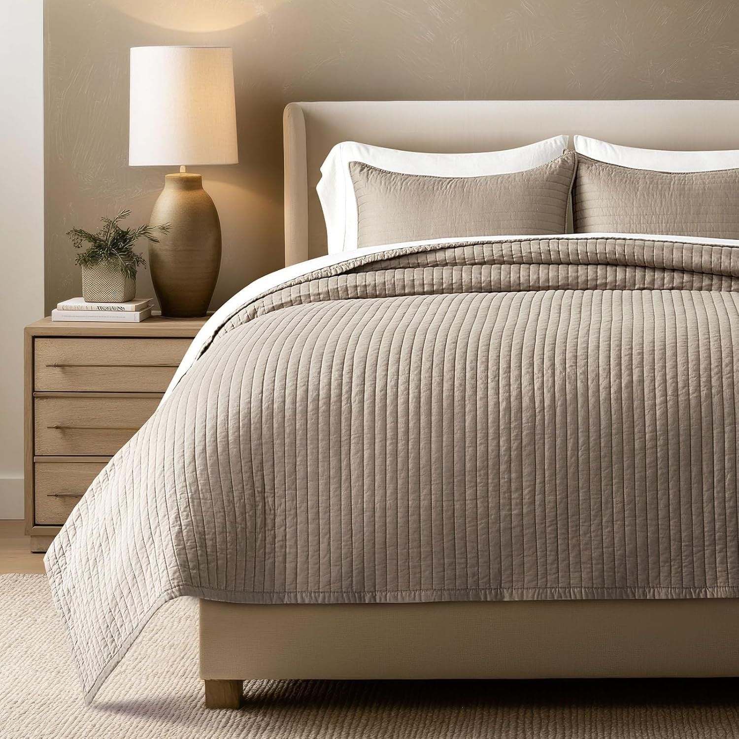 Cotton Sateen Quilt Set, King Quilt + 2 King Shams, Stone Taupe