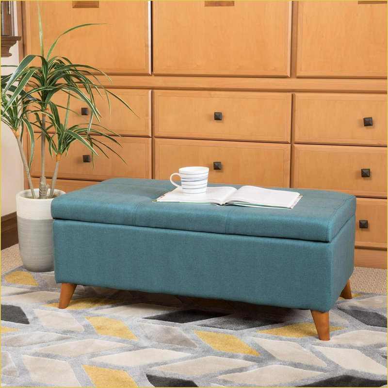 Banc de rangement repose-pieds capitonné avec couvercle à charnière pour salon | Pieds en bois de bouleau massif | Tissu noyer brun