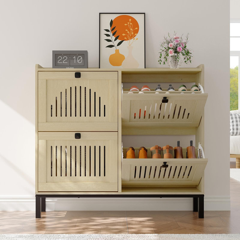 Armoire à chaussures 4 tiroirs Slim avec tablettes et crochets réglables, organisateur d'économie d'espace, Beige