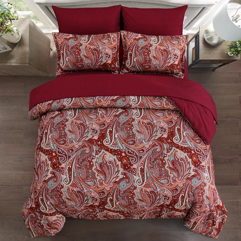 Ensemble de literie 7 pièces Boho Paisley, Grand édredon et 6 pièces supplémentaires, Cachemire rouge