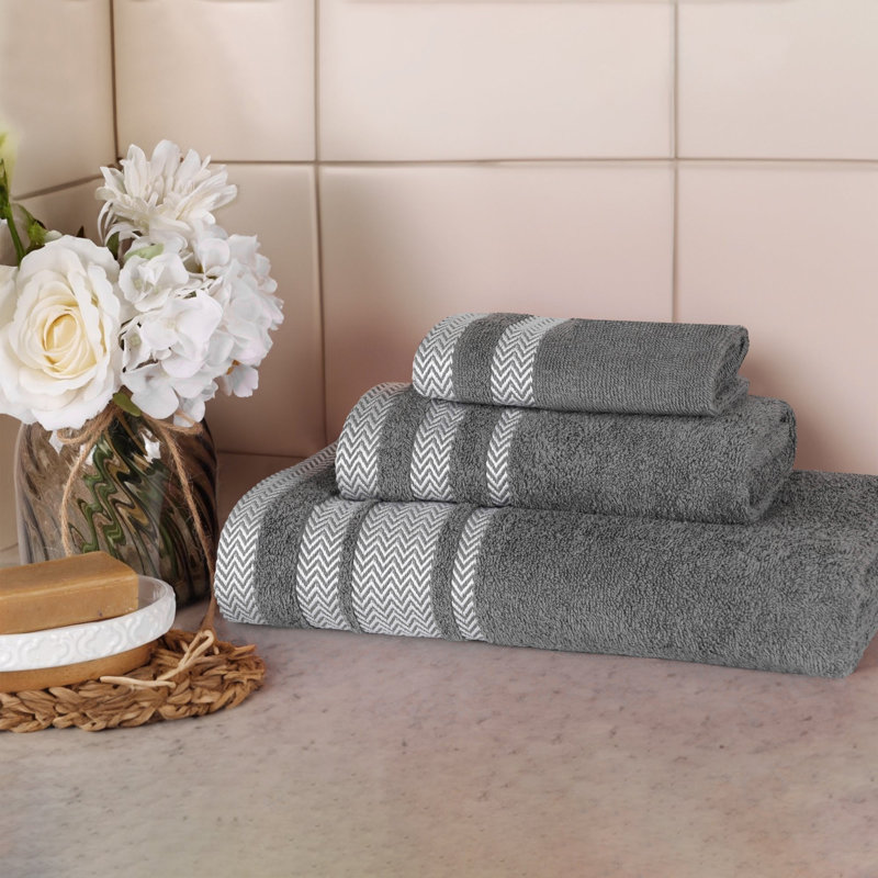Ensemble de 3 serviettes de bain en coton dobby à bordure en peluche douce et absorbante, poids moyen, Grey