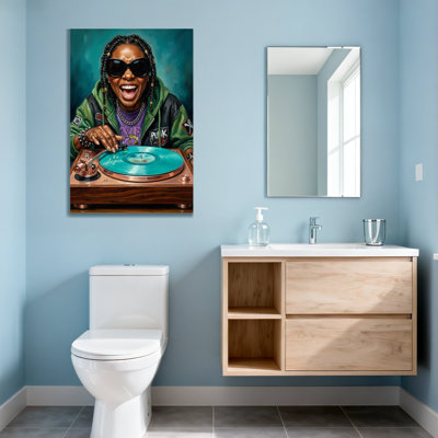 Fashion Dj With Turntable And Blue Vinyl Record